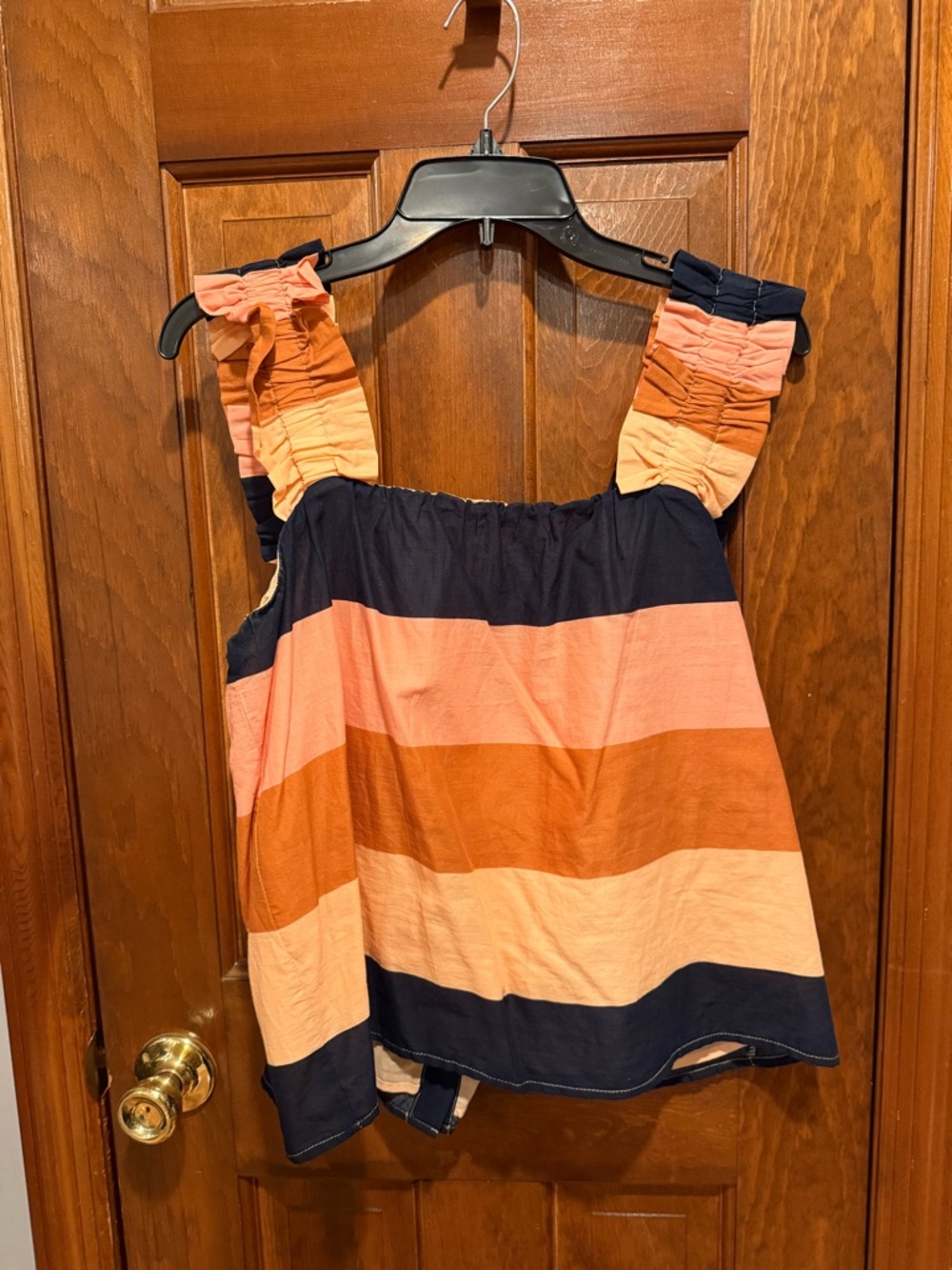 Ruffle Strap Striped Tank Top in Coral, Peach & Navy